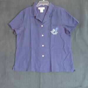 Simply Susan Top Womens Large Blue Floral Embroidered Button Cottagecore Granny